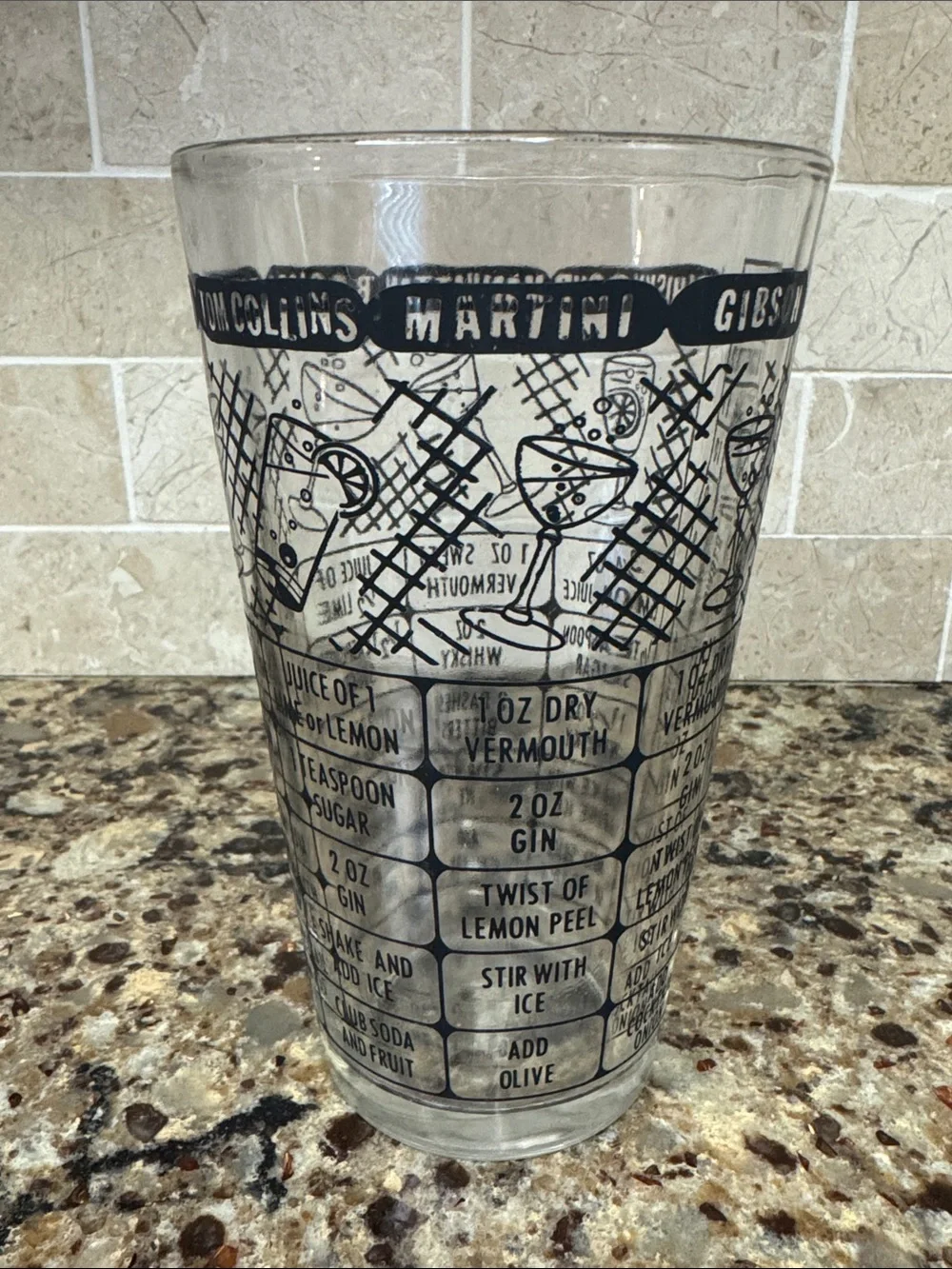 Vintage 70s Classic Cocktail Recipe Mixing Glass - Black Print